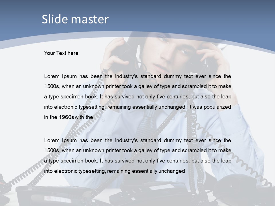 A Man In A Blue Shirt And Tie Talking On A Telephone PowerPoint Template