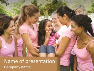 A Group Of Girls In Pink Shirts Are Talking Together PowerPoint Template