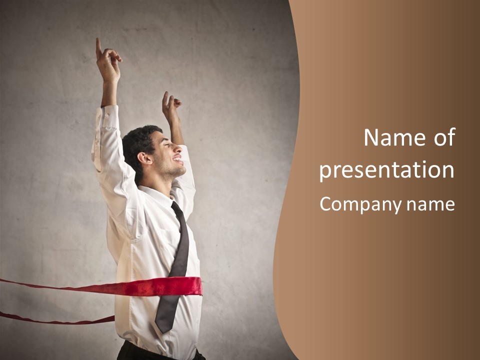 A Man In A Tie Is Holding A Red Ribbon PowerPoint Template