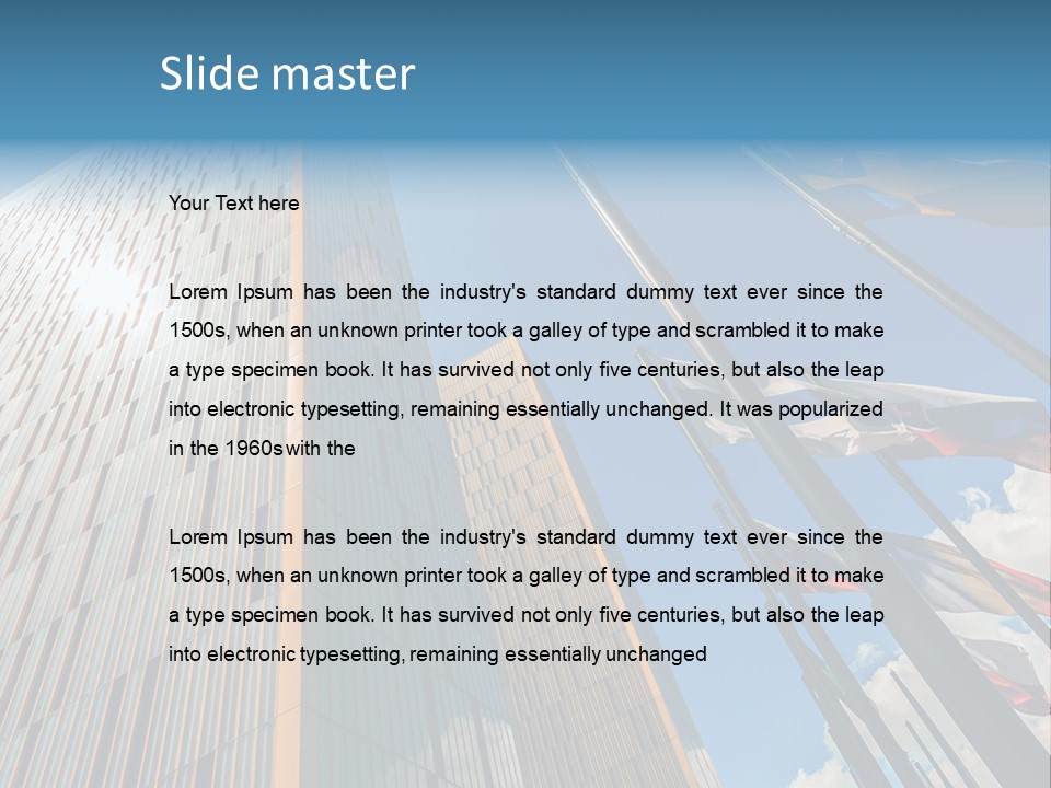 A Group Of Flags Flying In Front Of A Tall Building PowerPoint Template