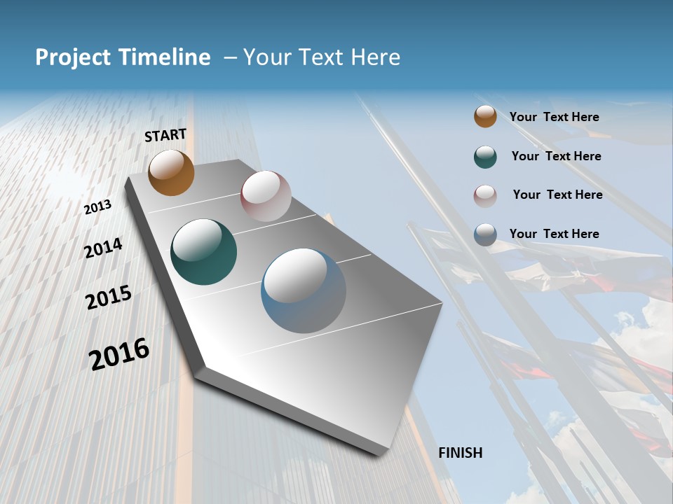 A Group Of Flags Flying In Front Of A Tall Building PowerPoint Template