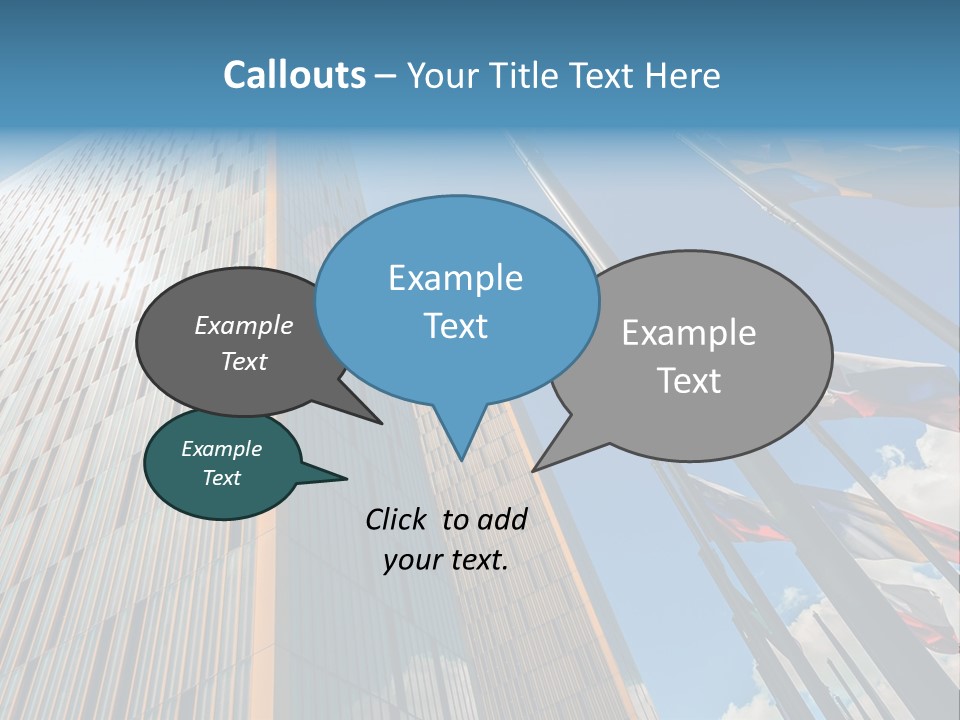 A Group Of Flags Flying In Front Of A Tall Building PowerPoint Template
