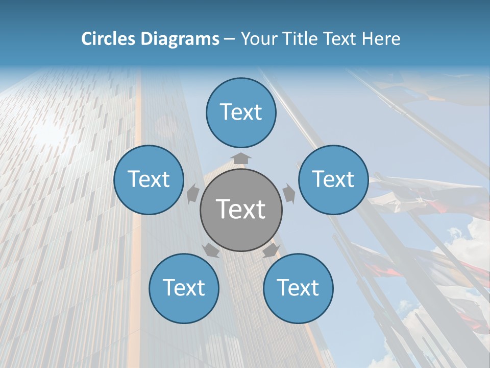 A Group Of Flags Flying In Front Of A Tall Building PowerPoint Template