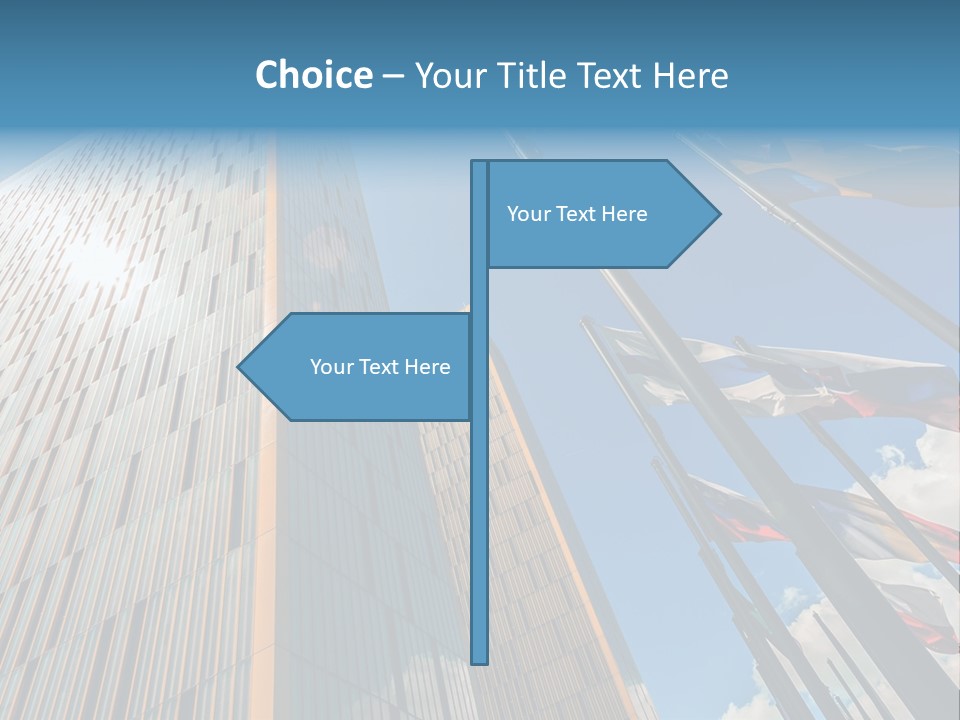 A Group Of Flags Flying In Front Of A Tall Building PowerPoint Template