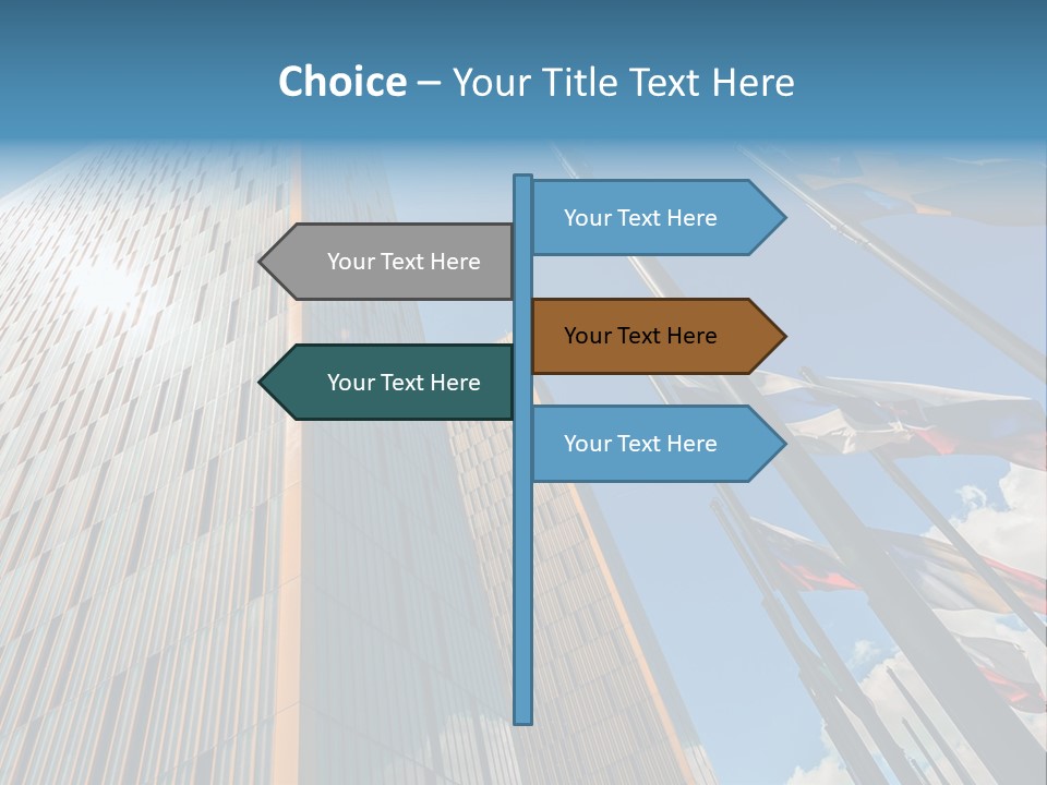 A Group Of Flags Flying In Front Of A Tall Building PowerPoint Template