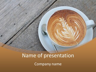 A Cup Of Coffee On A Saucer On A Wooden Table PowerPoint Template