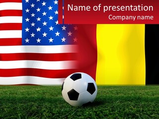 A Soccer Ball On A Field With Flags In The Background PowerPoint Template