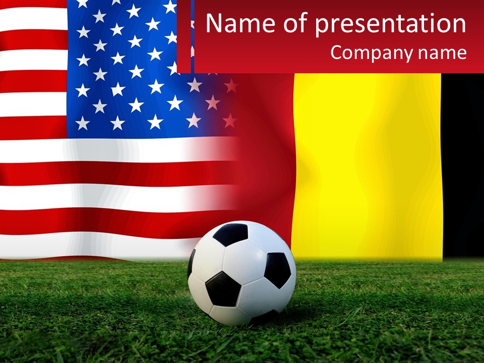 A Soccer Ball On A Field With Flags In The Background PowerPoint Template