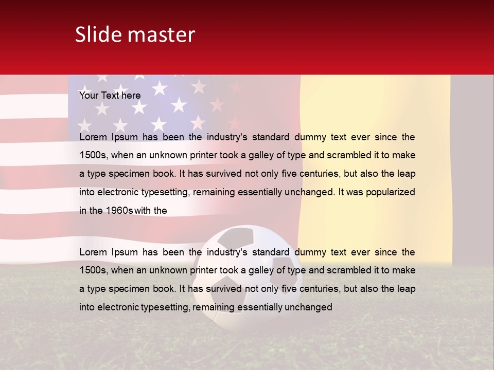 A Soccer Ball On A Field With Flags In The Background PowerPoint Template