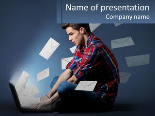 A Man Sitting On A Laptop With A Lot Of Envelopes Coming Out Of His PowerPoint Template