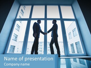 Two Men Shaking Hands In Front Of A Window PowerPoint Template