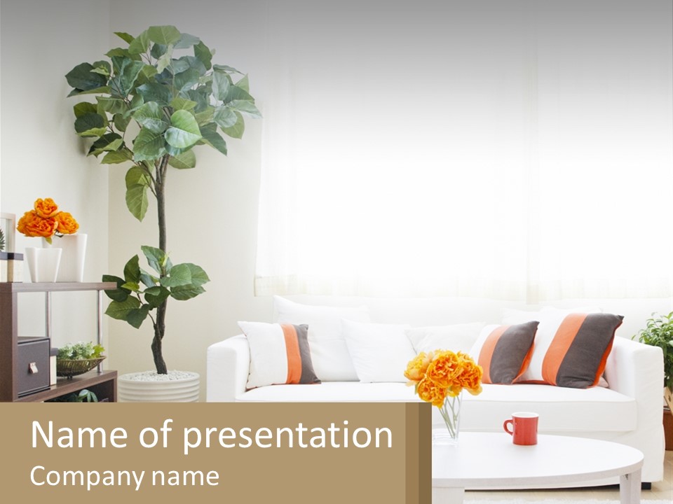 A Living Room With A White Couch And A Coffee Table PowerPoint Template