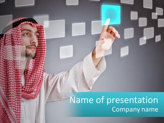 A Man In A Headscarf Is Pointing To A Screen PowerPoint Template