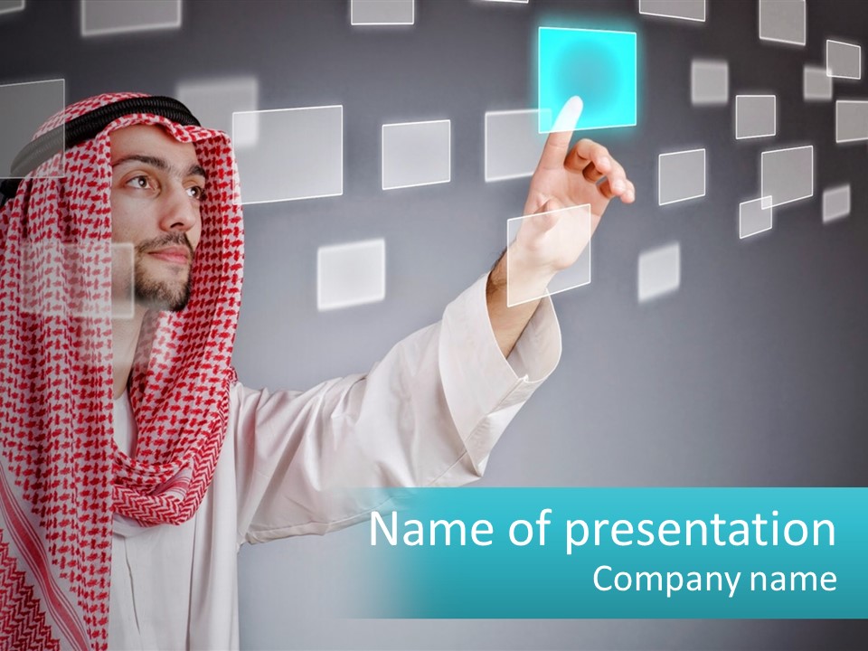 A Man In A Headscarf Is Pointing To A Screen PowerPoint Template