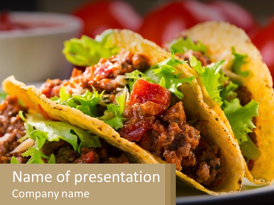 Three Tacos On A Plate With Tomatoes And Lettuce PowerPoint Template