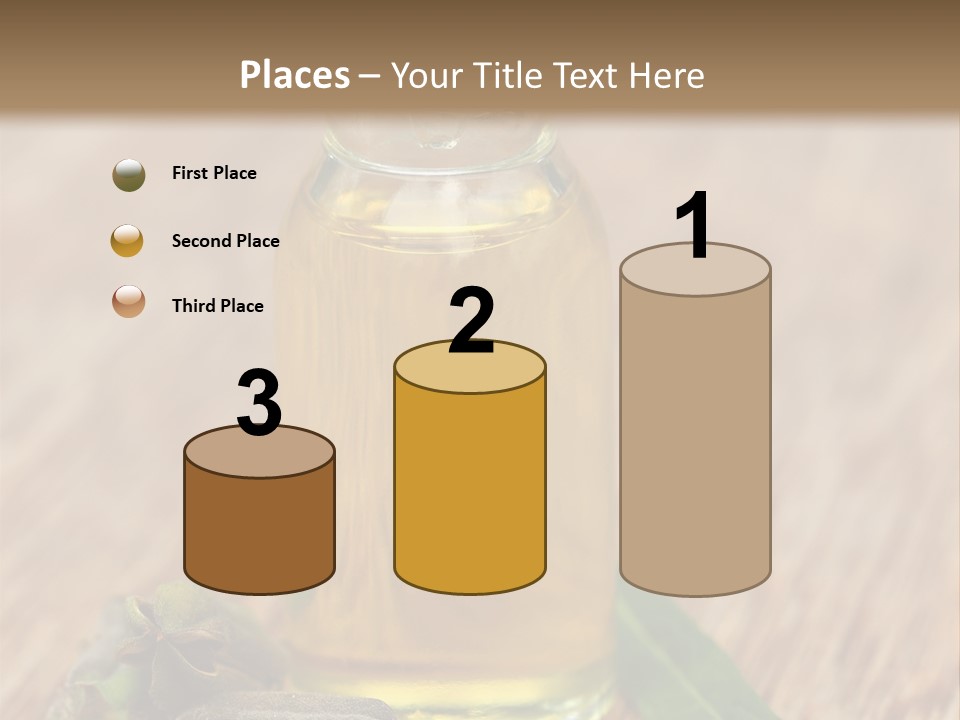 A Bottle Of Oil With A Green Leaf On A Wooden Table PowerPoint Template