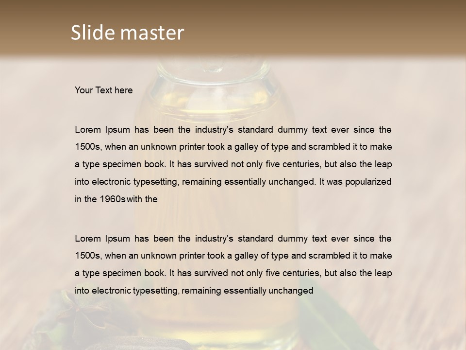 A Bottle Of Oil With A Green Leaf On A Wooden Table PowerPoint Template