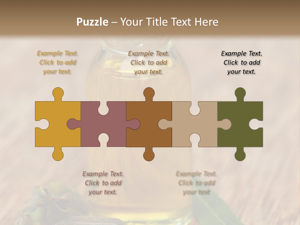 A Bottle Of Oil With A Green Leaf On A Wooden Table PowerPoint Template