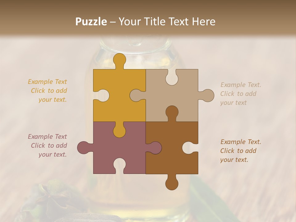 A Bottle Of Oil With A Green Leaf On A Wooden Table PowerPoint Template