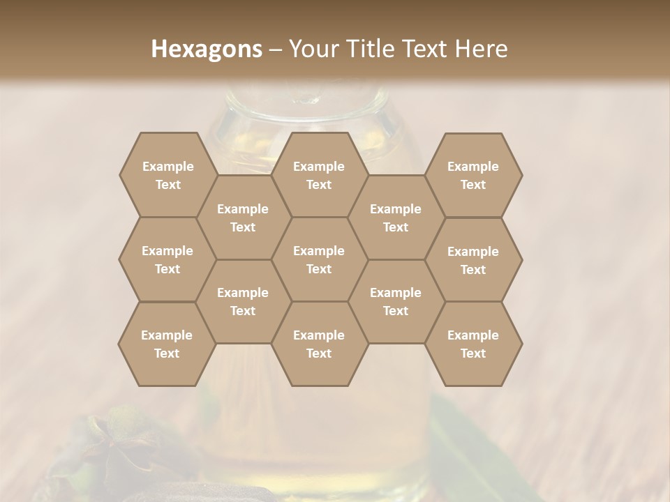 A Bottle Of Oil With A Green Leaf On A Wooden Table PowerPoint Template