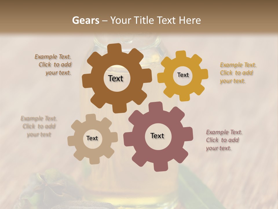 A Bottle Of Oil With A Green Leaf On A Wooden Table PowerPoint Template