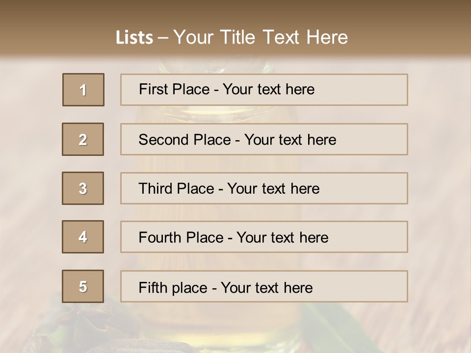 A Bottle Of Oil With A Green Leaf On A Wooden Table PowerPoint Template