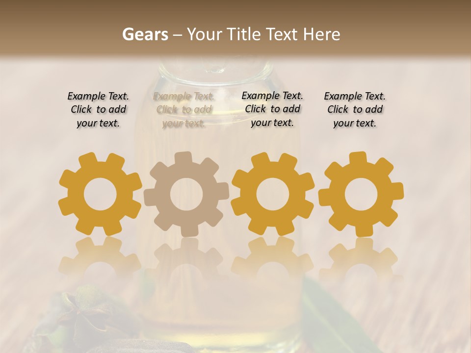 A Bottle Of Oil With A Green Leaf On A Wooden Table PowerPoint Template