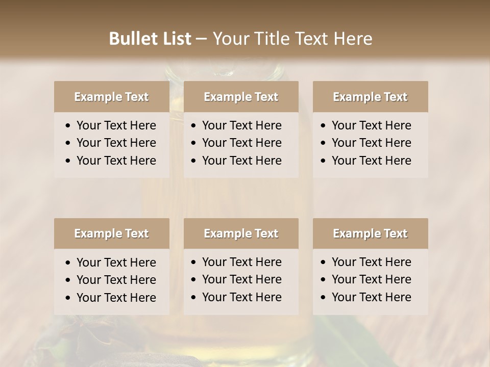 A Bottle Of Oil With A Green Leaf On A Wooden Table PowerPoint Template