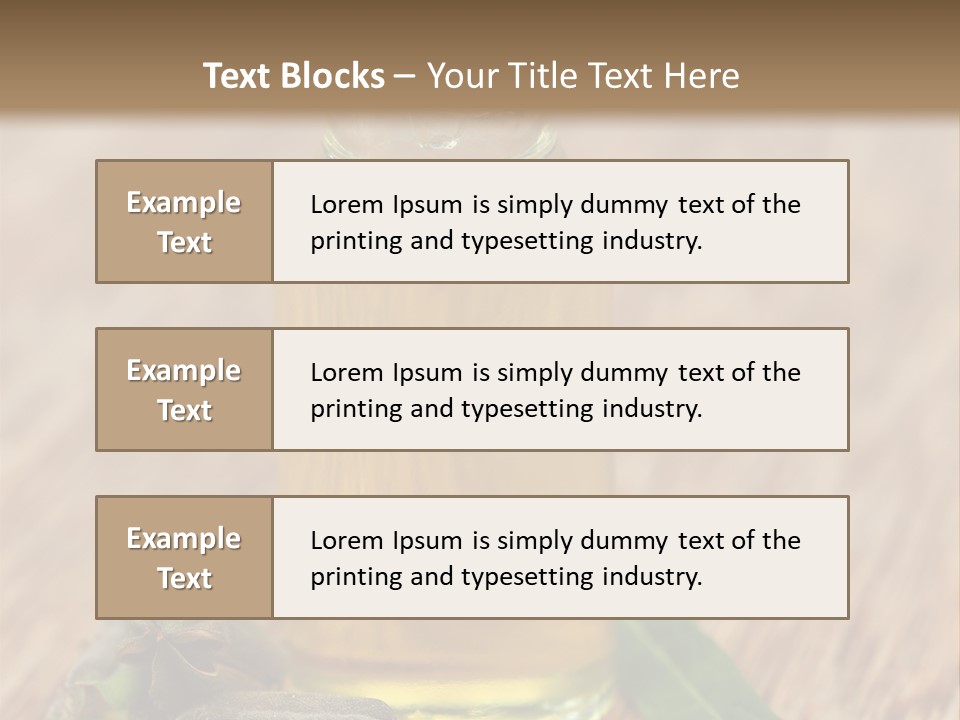 A Bottle Of Oil With A Green Leaf On A Wooden Table PowerPoint Template