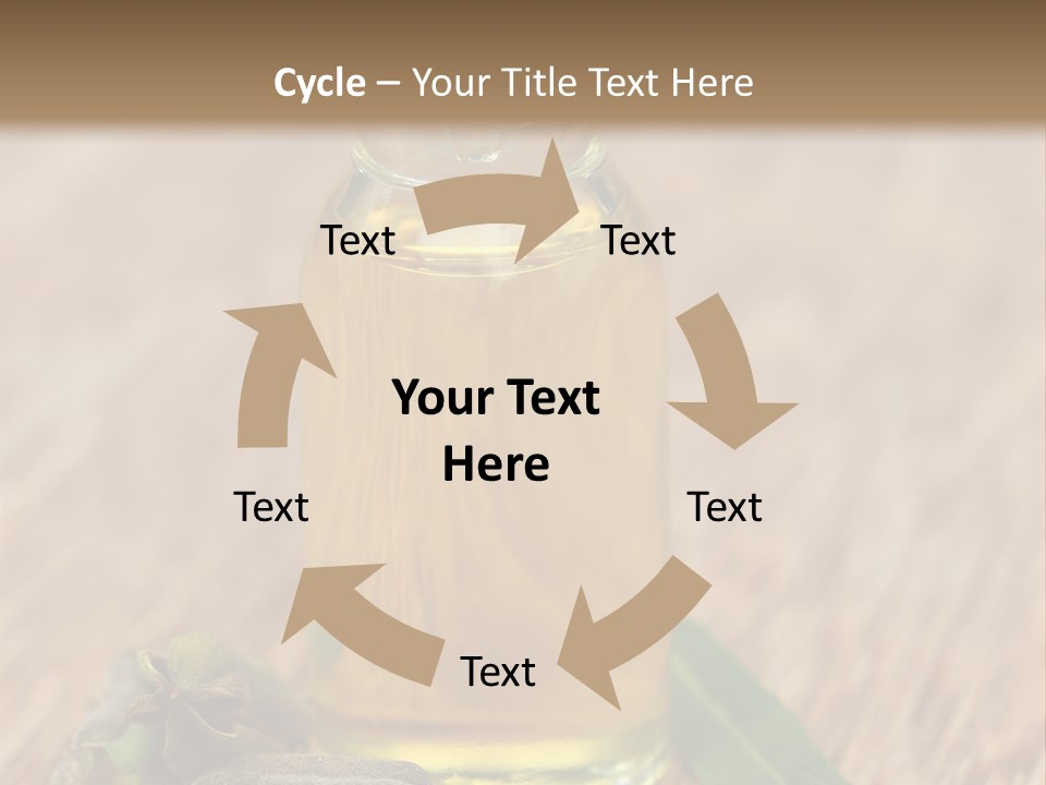 A Bottle Of Oil With A Green Leaf On A Wooden Table PowerPoint Template