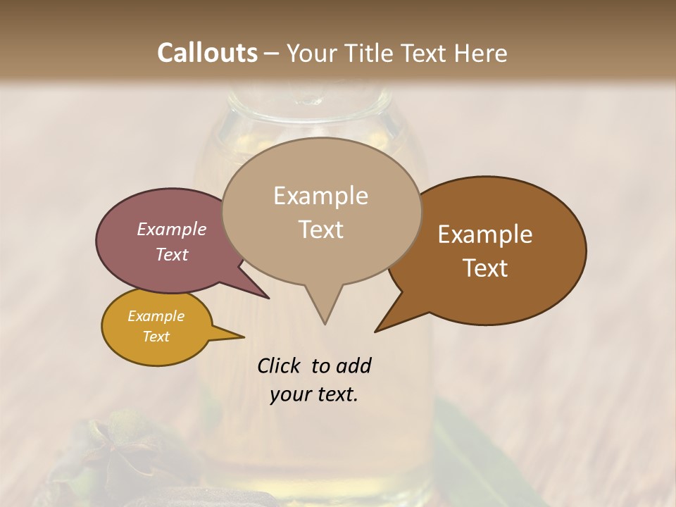 A Bottle Of Oil With A Green Leaf On A Wooden Table PowerPoint Template