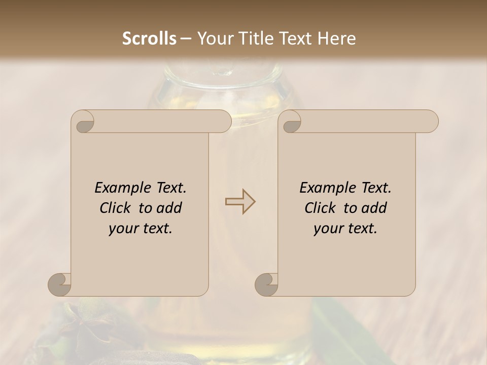 A Bottle Of Oil With A Green Leaf On A Wooden Table PowerPoint Template
