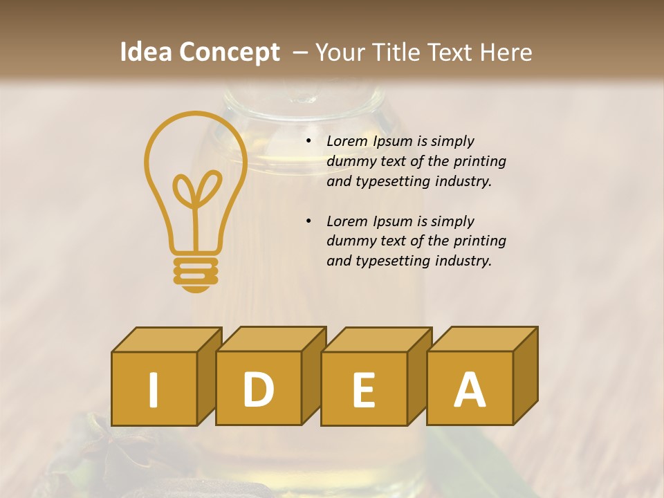 A Bottle Of Oil With A Green Leaf On A Wooden Table PowerPoint Template