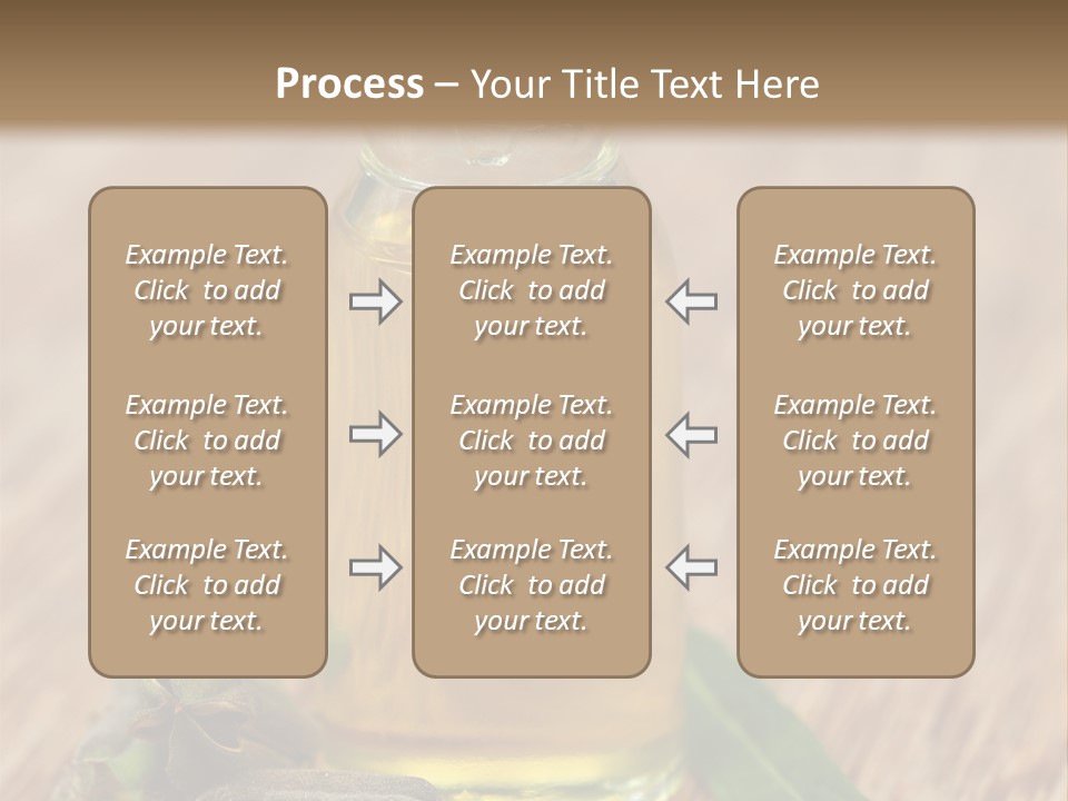 A Bottle Of Oil With A Green Leaf On A Wooden Table PowerPoint Template