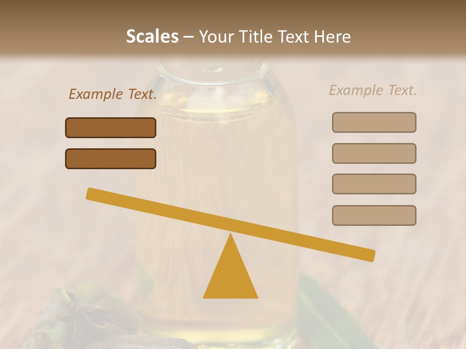 A Bottle Of Oil With A Green Leaf On A Wooden Table PowerPoint Template
