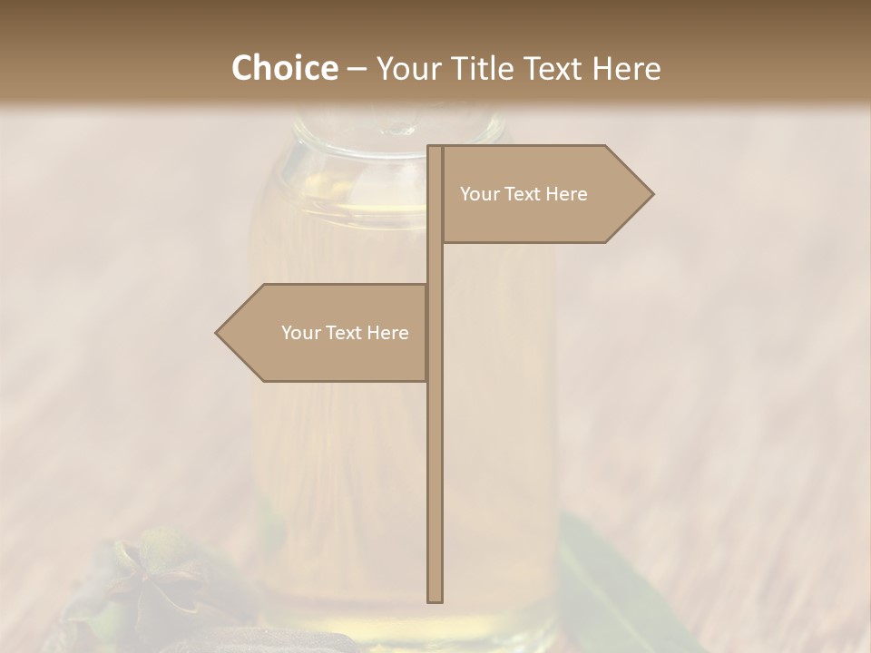 A Bottle Of Oil With A Green Leaf On A Wooden Table PowerPoint Template