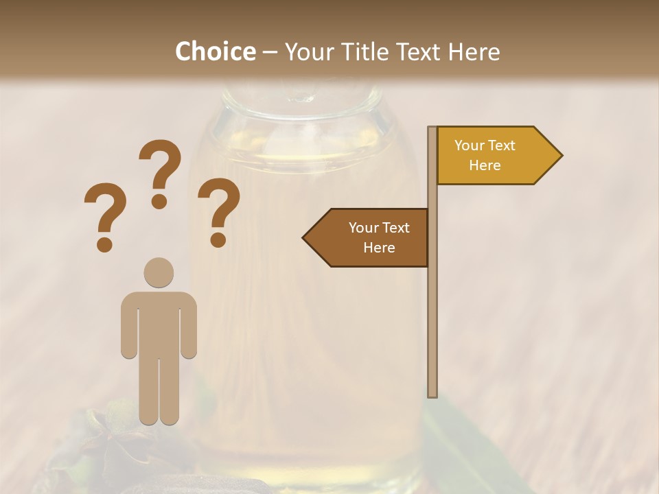 A Bottle Of Oil With A Green Leaf On A Wooden Table PowerPoint Template