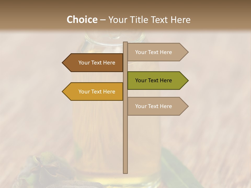 A Bottle Of Oil With A Green Leaf On A Wooden Table PowerPoint Template