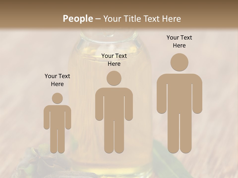 A Bottle Of Oil With A Green Leaf On A Wooden Table PowerPoint Template