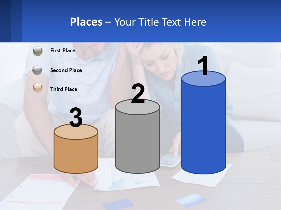 A Man And Woman Sitting On A Couch Looking At A Calculator PowerPoint Template