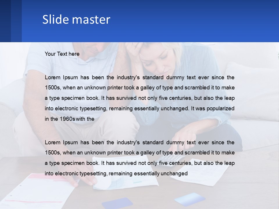 A Man And Woman Sitting On A Couch Looking At A Calculator PowerPoint Template