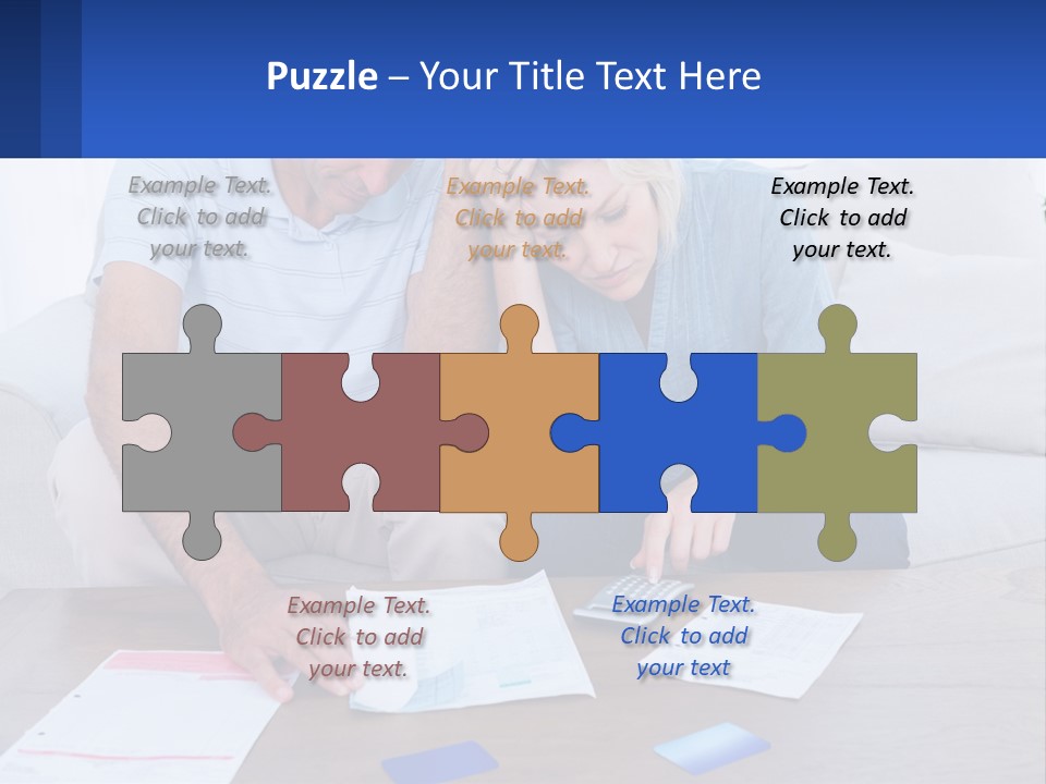 A Man And Woman Sitting On A Couch Looking At A Calculator PowerPoint Template