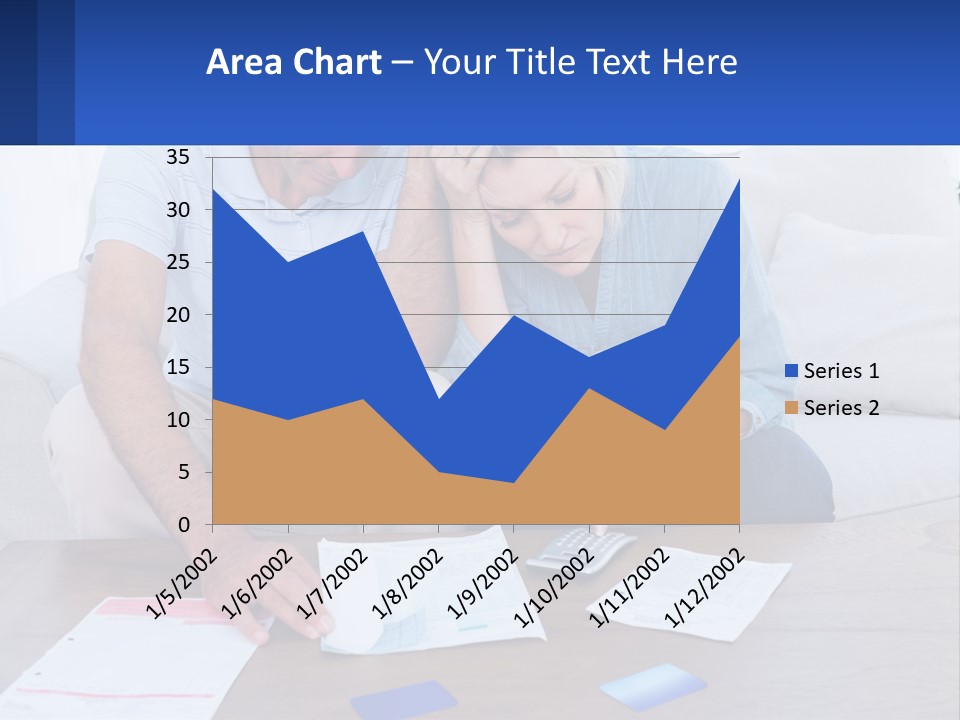 A Man And Woman Sitting On A Couch Looking At A Calculator PowerPoint Template