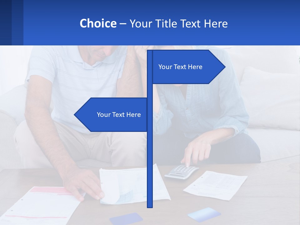 A Man And Woman Sitting On A Couch Looking At A Calculator PowerPoint Template