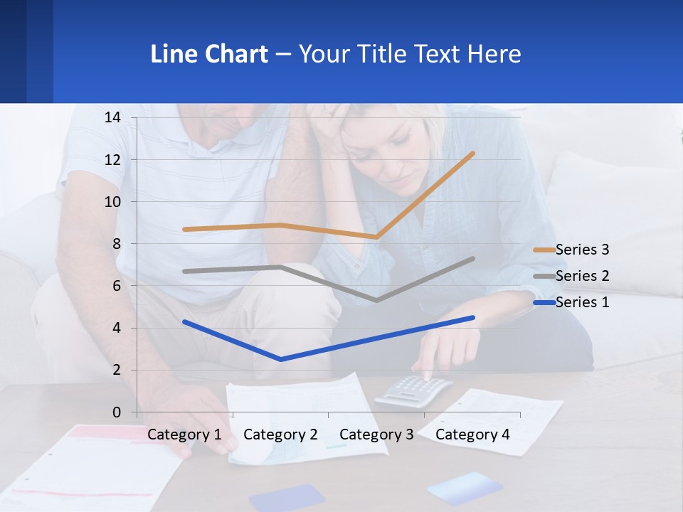 A Man And Woman Sitting On A Couch Looking At A Calculator PowerPoint Template