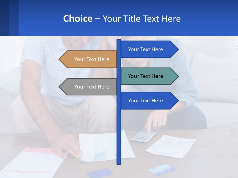 A Man And Woman Sitting On A Couch Looking At A Calculator PowerPoint Template