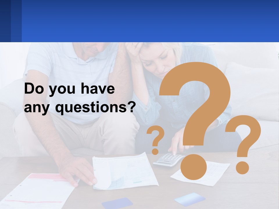 A Man And Woman Sitting On A Couch Looking At A Calculator PowerPoint Template