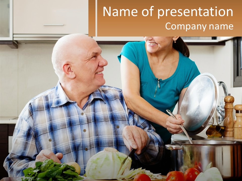 A Man And A Woman Preparing Food In A Kitchen PowerPoint Template