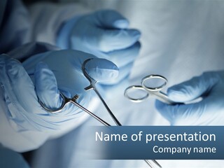 A Person In Blue Gloves Holding A Pair Of Scissors PowerPoint Template