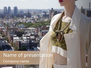 A Woman In A White Coat Is Standing In Front Of A Cityscape PowerPoint Template